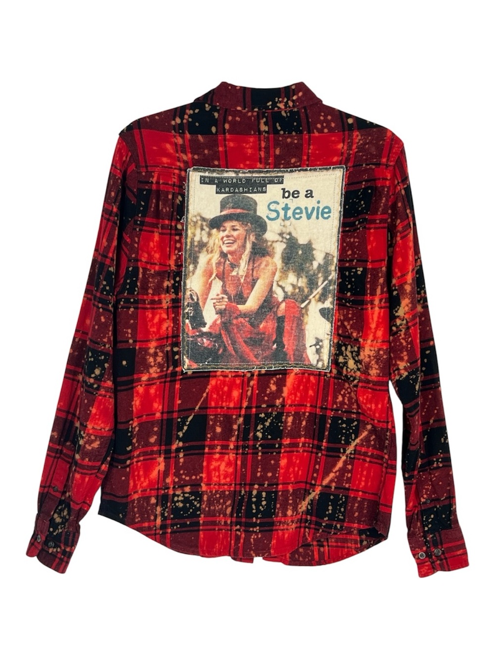 Angry Minnow "Be a Stevie" Red Plaid Button-Down Flannel Shirt Back Patch Sz S